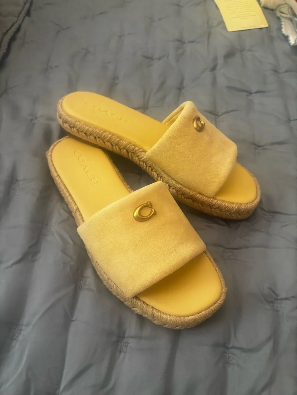 Coach Yellow Suede Espadrille Slide Sandals with Gold Logo